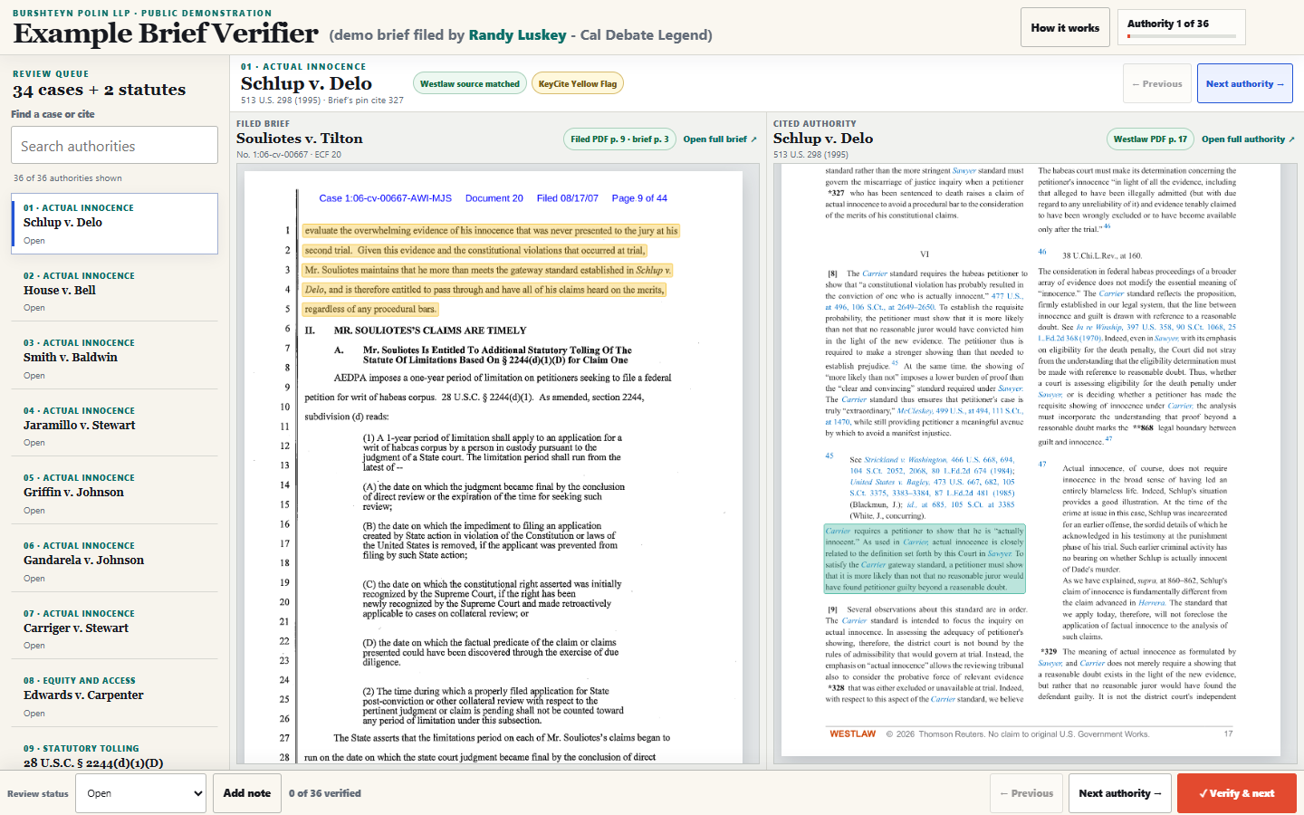 Example Brief Verifier showing one highlighted Souliotes brief page beside one highlighted judicial-authority page